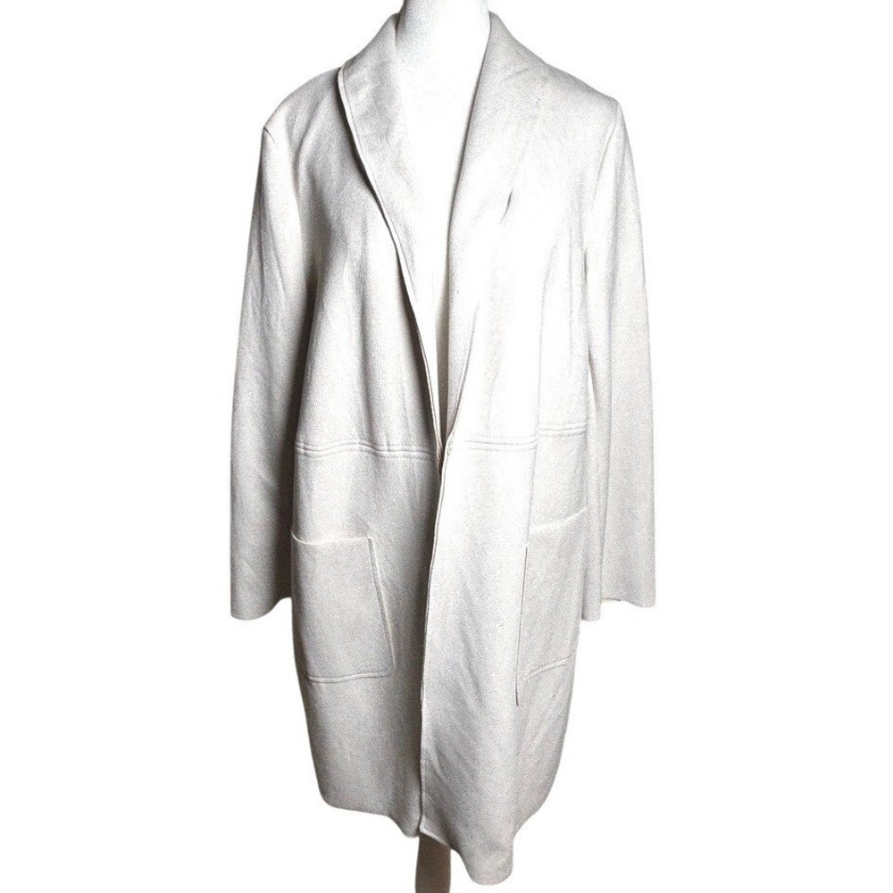 Joan‎ Vass New York Sz L Faux Leather Open Front Duster Cardigan Jacket Ecru NWT